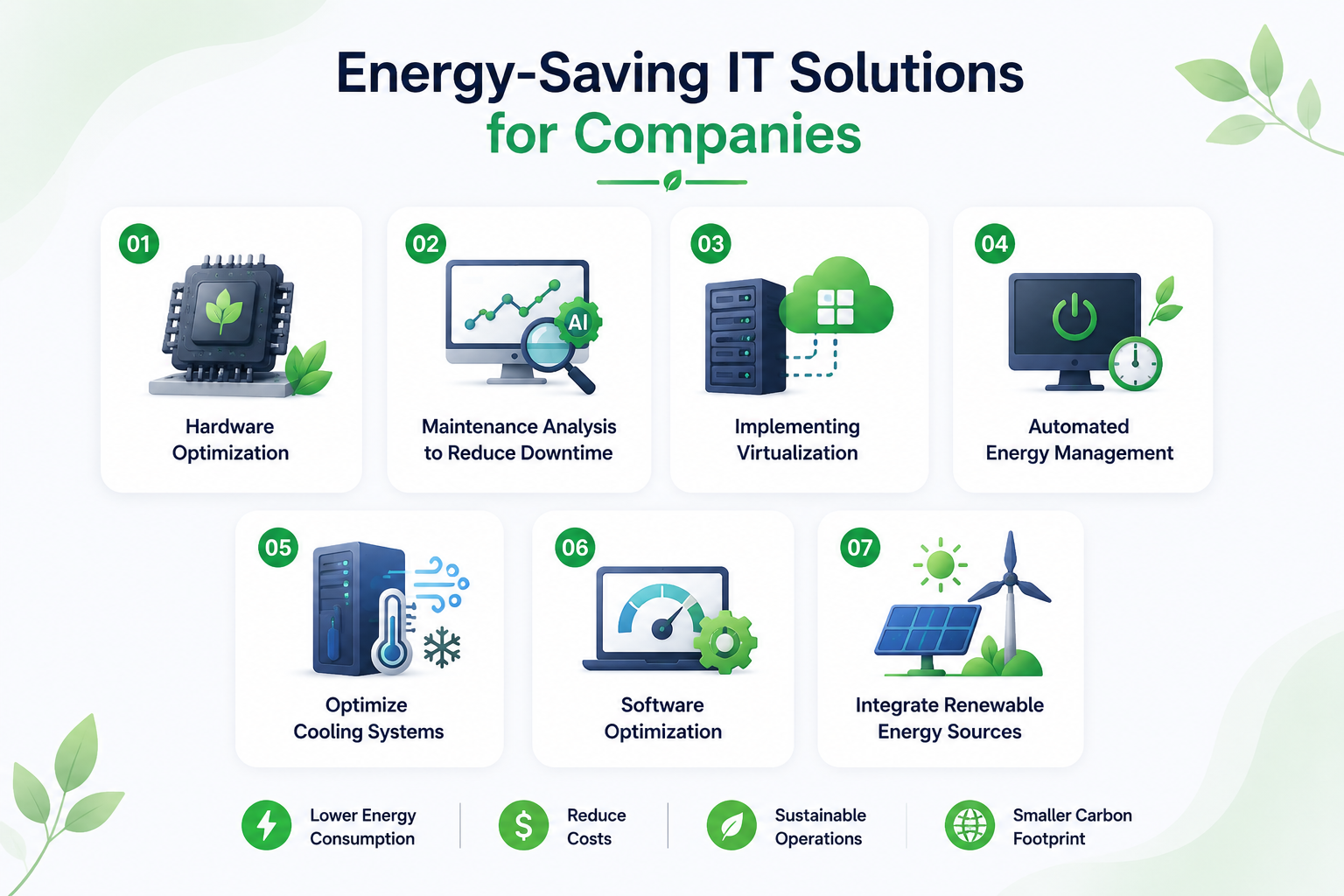 energy-saving IT solutions for companies, including hardware optimization, virtualization, automated energy management, and renewable energy integration.